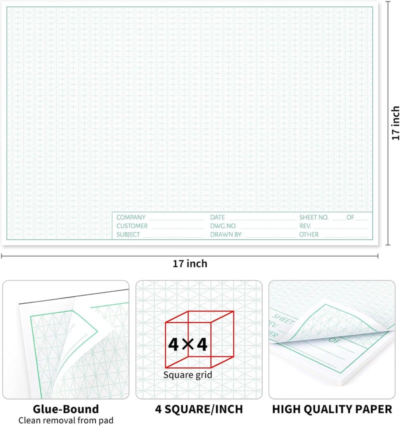 Pidada Isometric Graph Paper, 11"x17" Dot Grid Paper, 0.25" Grid, 50 Sheets Landscape, Easy-Tear Glue-Bound, 11"x17" Cardboard Backing, for Drafting, Engineering, Architect Designers - Image 3